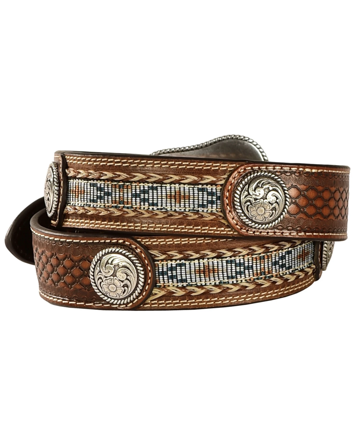 Ariat Men's Fabric Inlay Concho & Basketweave Leather Belt 3 Ariat Men's Fabric Inlay Concho & Basketweave Leather Belt
