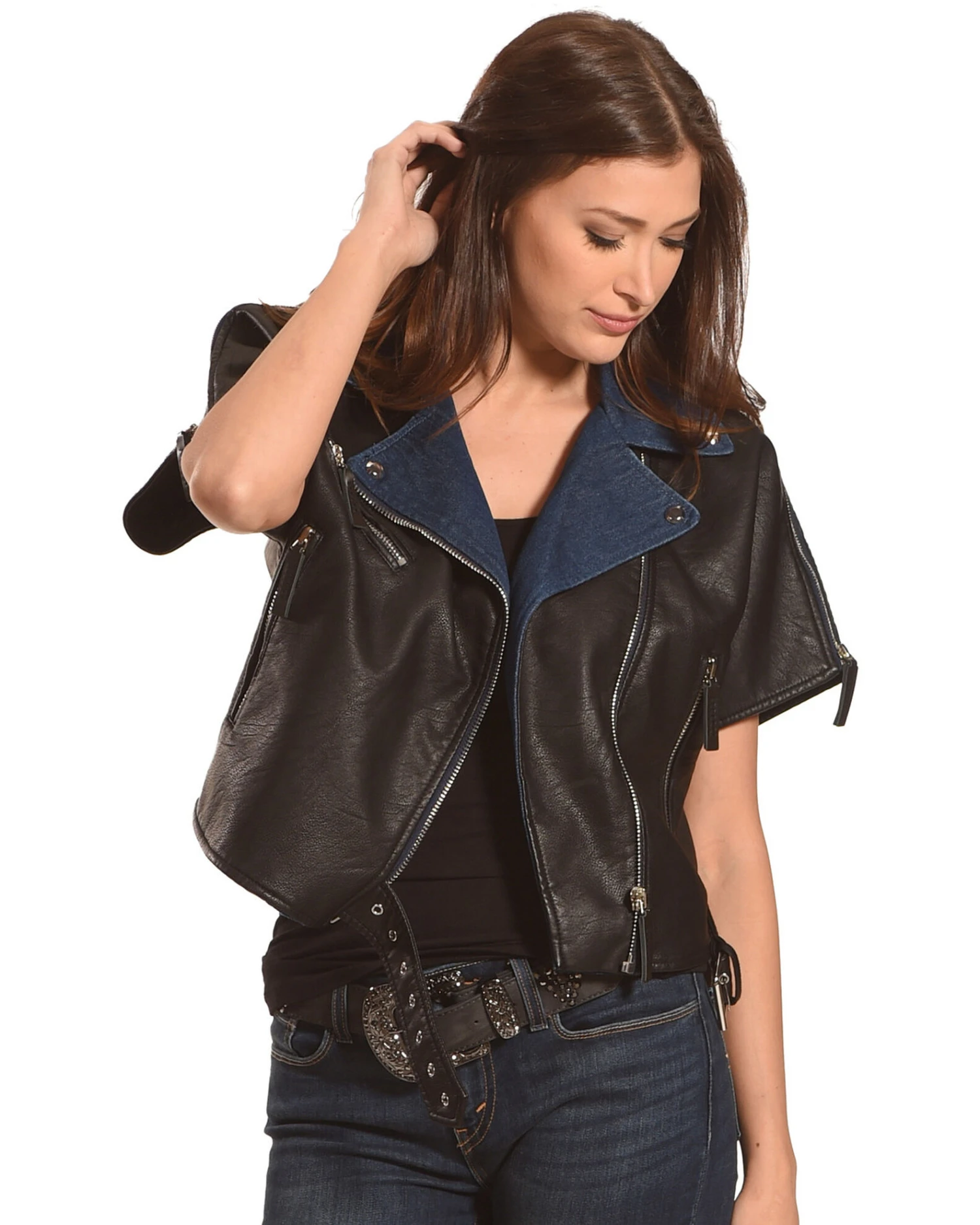 Tractr Women's Short Sleeve Leather Jacket 3 Tractr Women's Short Sleeve Leather Jacket