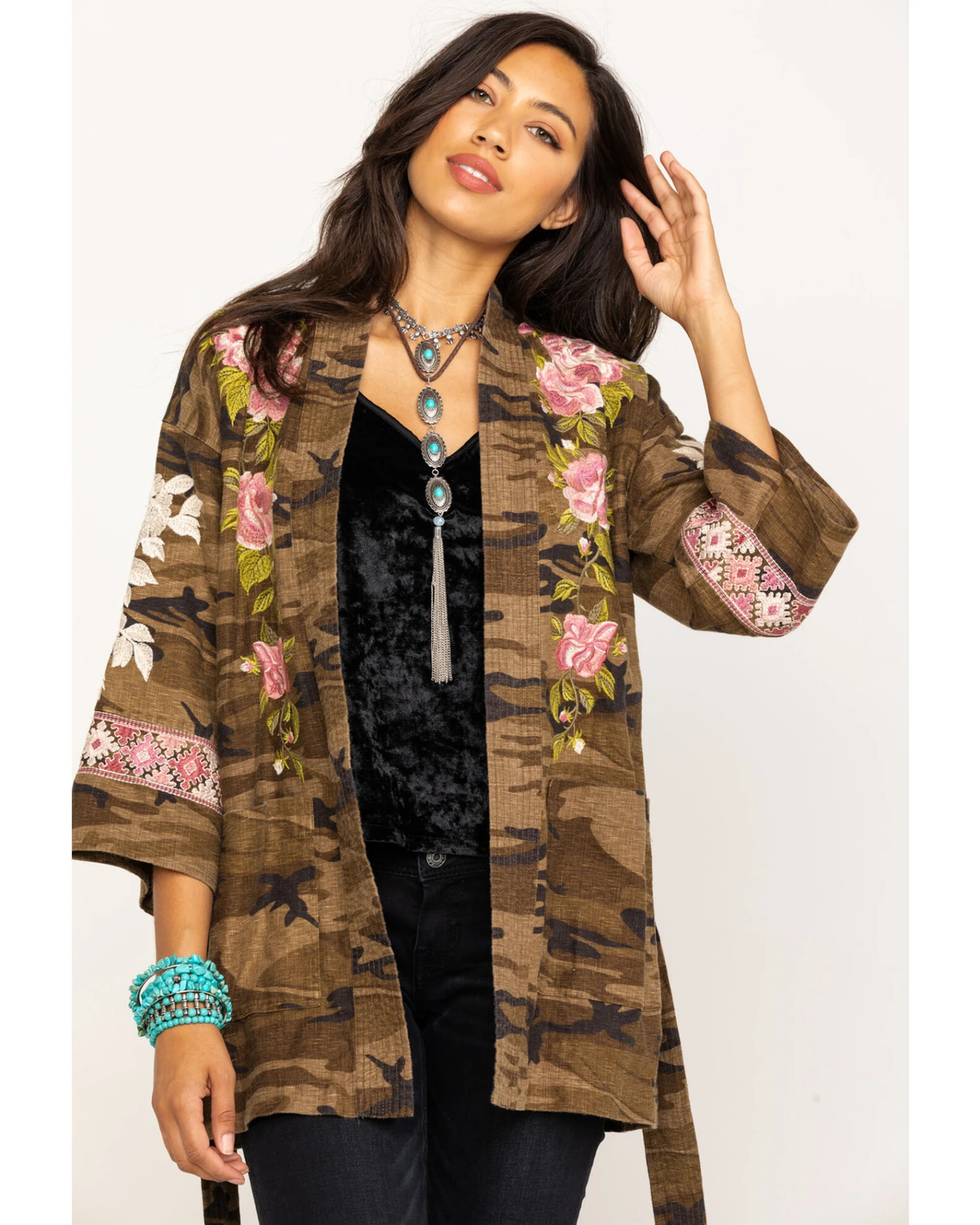 Johnny Was Women's Molly Camo Yuki Trapunto Linen Kimono 3 Johnny Was Women's Molly Camo Yuki Trapunto Linen Kimono