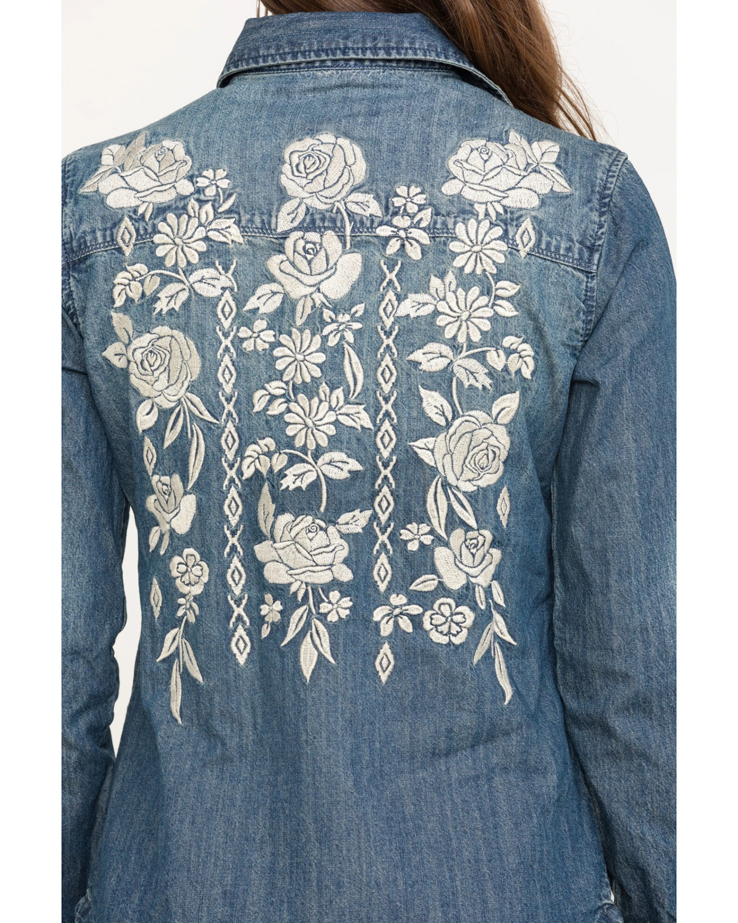 Stetson Women's Floral Embroidered Denim Long Sleeve Pearl Snap Western Shirt 6 Stetson Women's Floral Embroidered Denim Long Sleeve Pearl Snap Western Shirt - Image 4