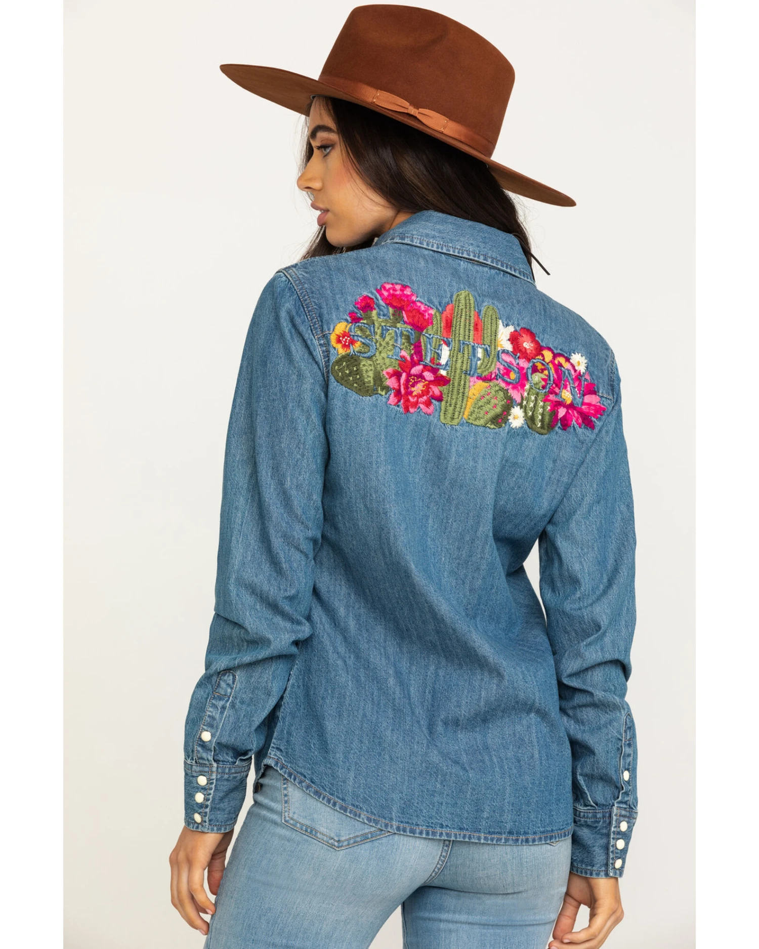 Stetson Women's Denim Desert Embroidered Long Sleeve Snap Western Shirt 5 Stetson Women's Denim Desert Embroidered Long Sleeve Snap Western Shirt - Image 3