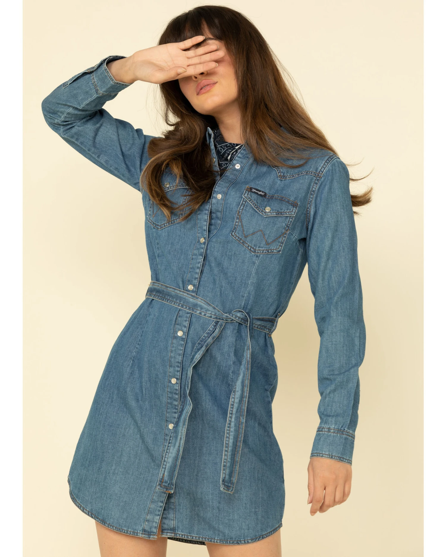 Wrangler Women's Medium Wash Denim Western Shirt Dress 3 Wrangler Women's Medium Wash Denim Western Shirt Dress