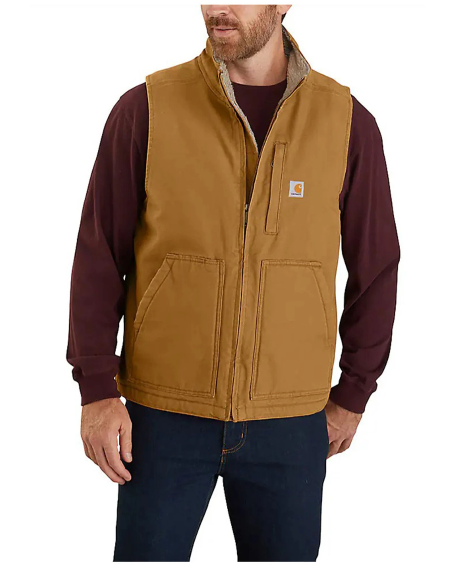 Carhartt Men's Brown Washed Duck Sherpa Lined Mock Neck Work Vest - Tall 4 Carhartt Men's Brown Washed Duck Sherpa Lined Mock Neck Work Vest - Tall - Image 2