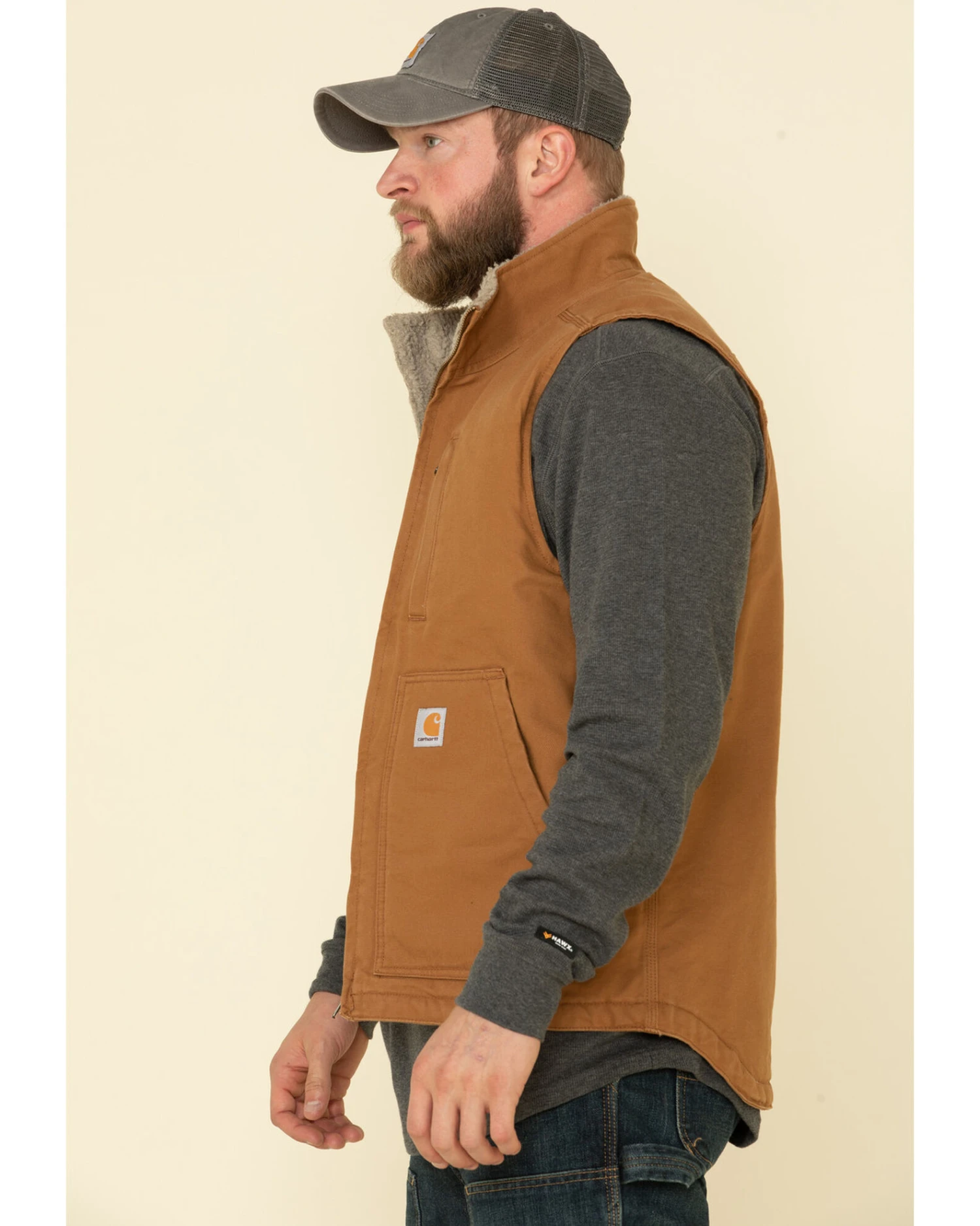 Carhartt Men's Brown Washed Duck Sherpa Lined Mock Neck Work Vest - Tall 6 Carhartt Men's Brown Washed Duck Sherpa Lined Mock Neck Work Vest - Tall - Image 4