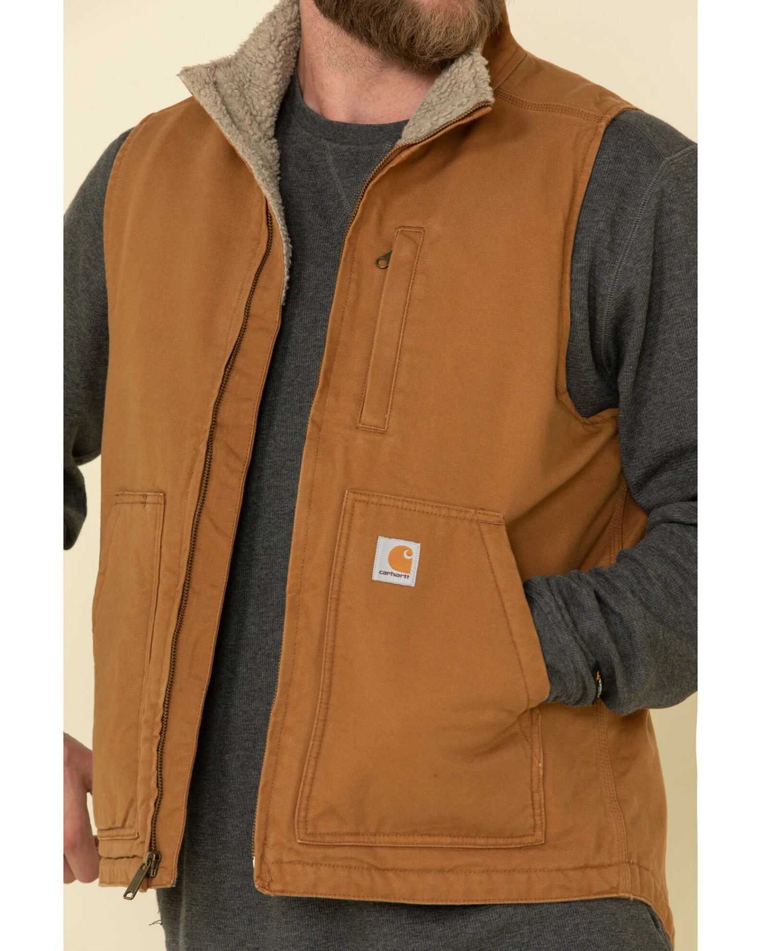 Carhartt Men's Brown Washed Duck Sherpa Lined Mock Neck Work Vest - Tall 3 Carhartt Men's Brown Washed Duck Sherpa Lined Mock Neck Work Vest - Tall