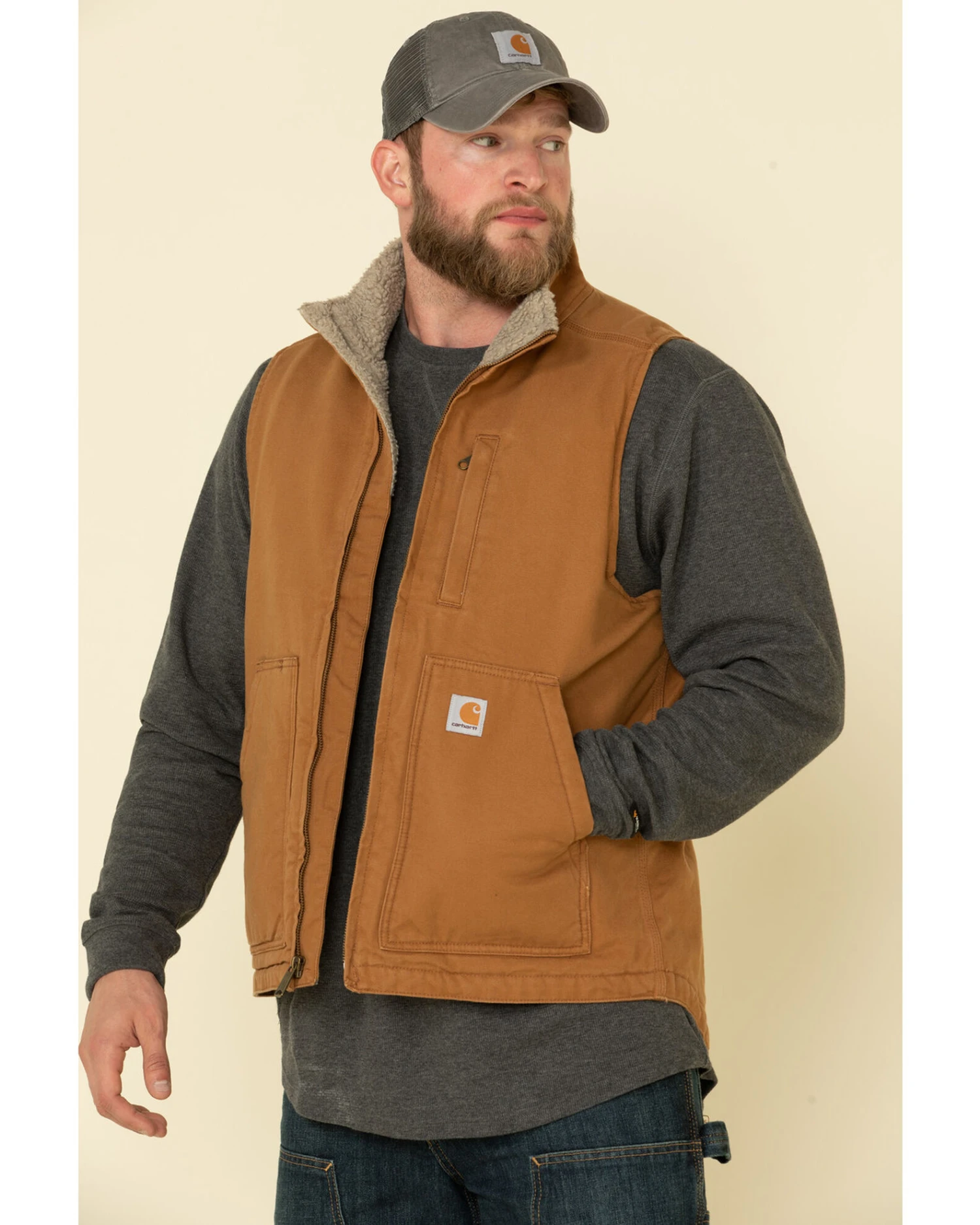 Carhartt Men's Brown Washed Duck Sherpa Lined Mock Neck Work Vest 5 Carhartt Men's Brown Washed Duck Sherpa Lined Mock Neck Work Vest - Image 3