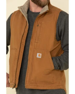 Carhartt Men's Brown Washed Duck Sherpa Lined Mock Neck Work Vest