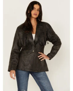 Cripple Creek Women's Black Antique Studded Fringe Lamb Nappa Snap Blazer
