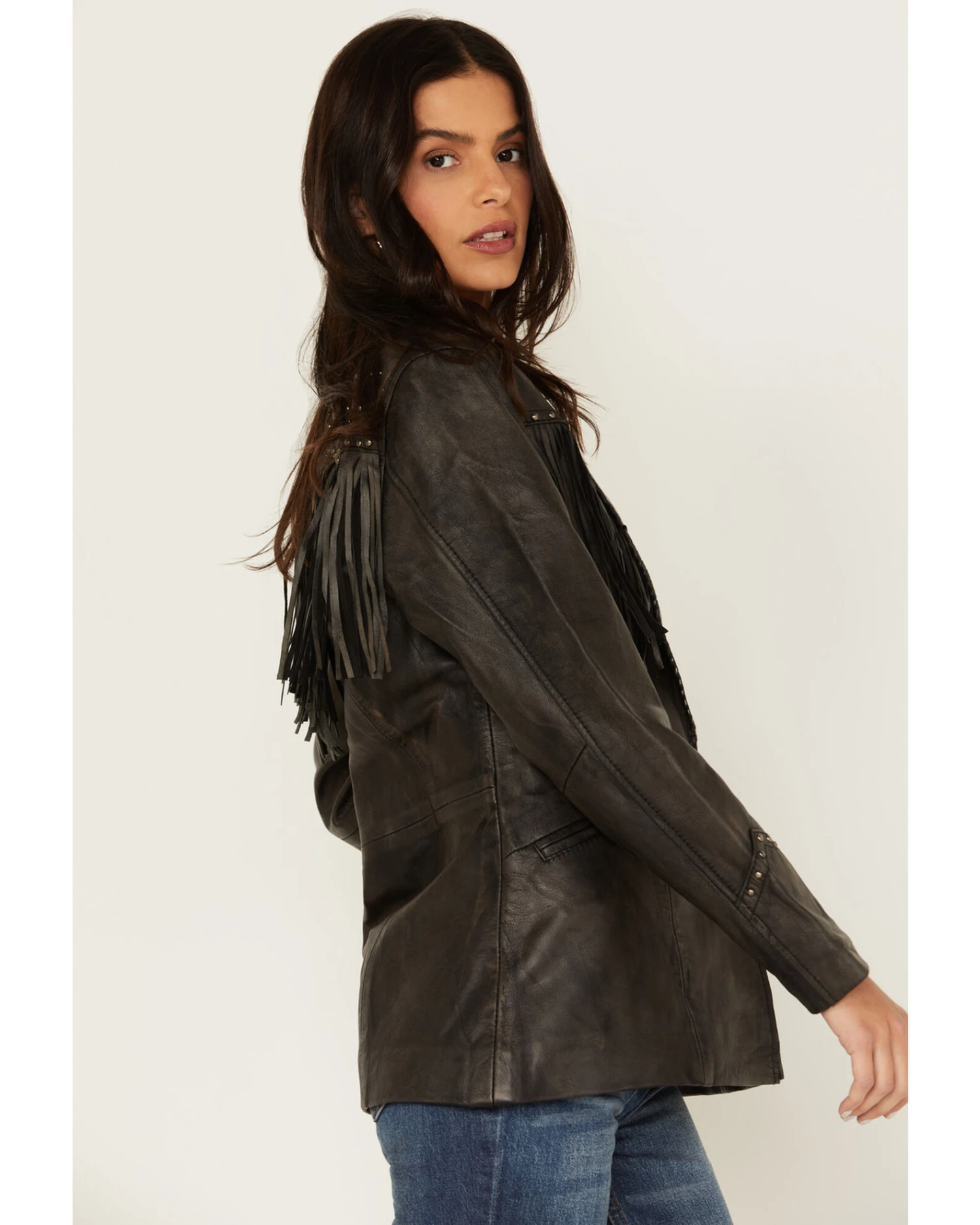 Cripple Creek Women's Black Antique Studded Fringe Lamb Nappa Snap Blazer 6 Cripple Creek Women's Black Antique Studded Fringe Lamb Nappa Snap Blazer - Image 4