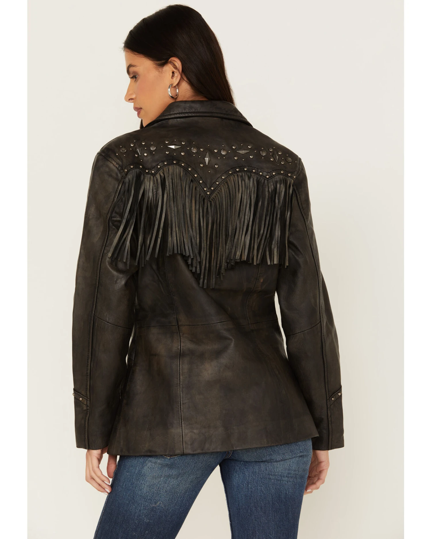 Cripple Creek Women's Black Antique Studded Fringe Lamb Nappa Snap Blazer 4 Cripple Creek Women's Black Antique Studded Fringe Lamb Nappa Snap Blazer - Image 2