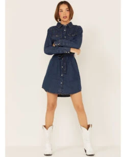 Wrangler Women's Dark Denim Washed Long Sleeve Western Shirt Dress 9 Wrangler Women's Dark Denim Washed Long Sleeve Western Shirt Dress -Western Cowboy Equipment Store 2000334318 402 P1