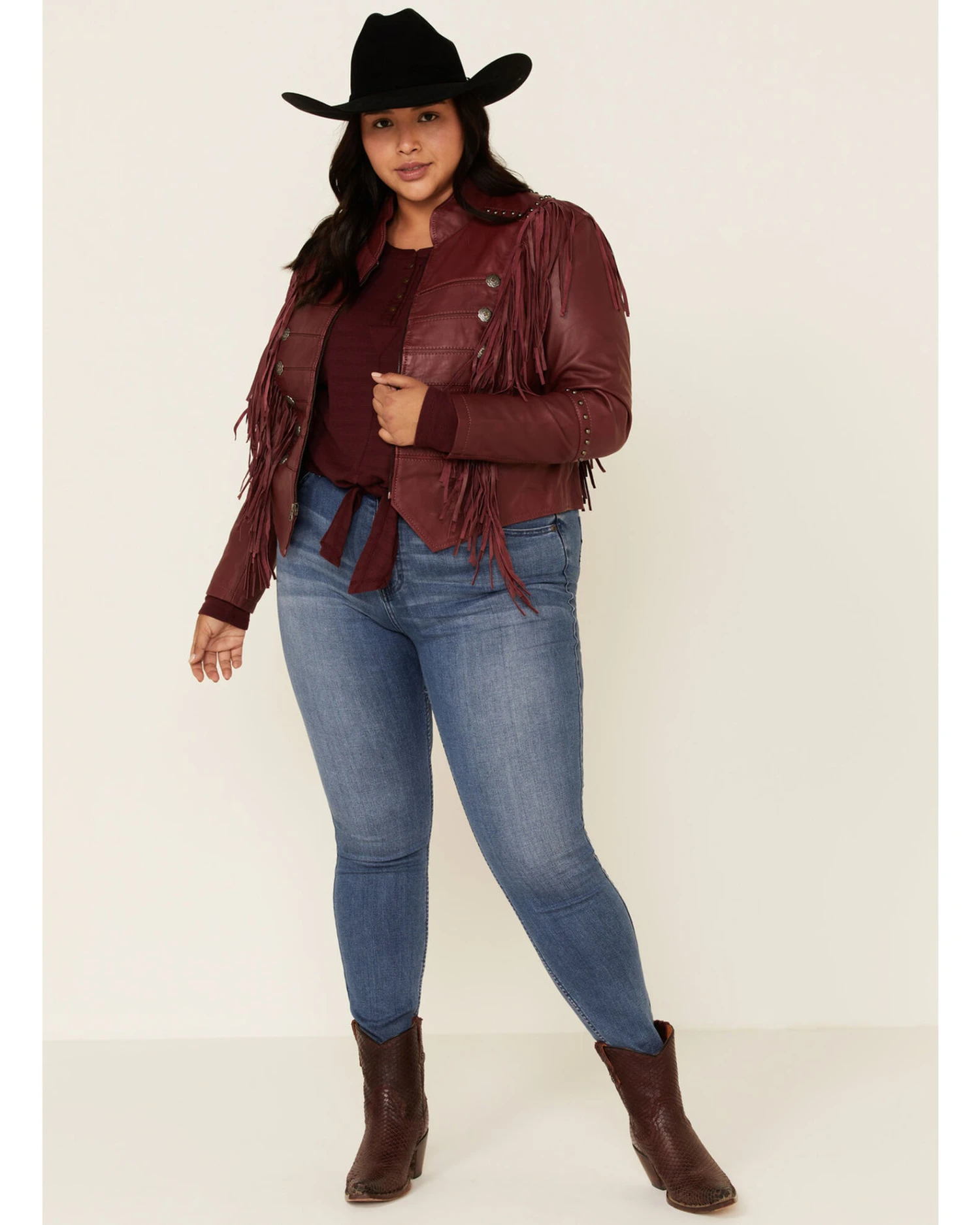 Liberty Wear Women's Burgundy Fringe Sheep Napa Jacket - Plus 6 Liberty Wear Women's Burgundy Fringe Sheep Napa Jacket - Plus - Image 4