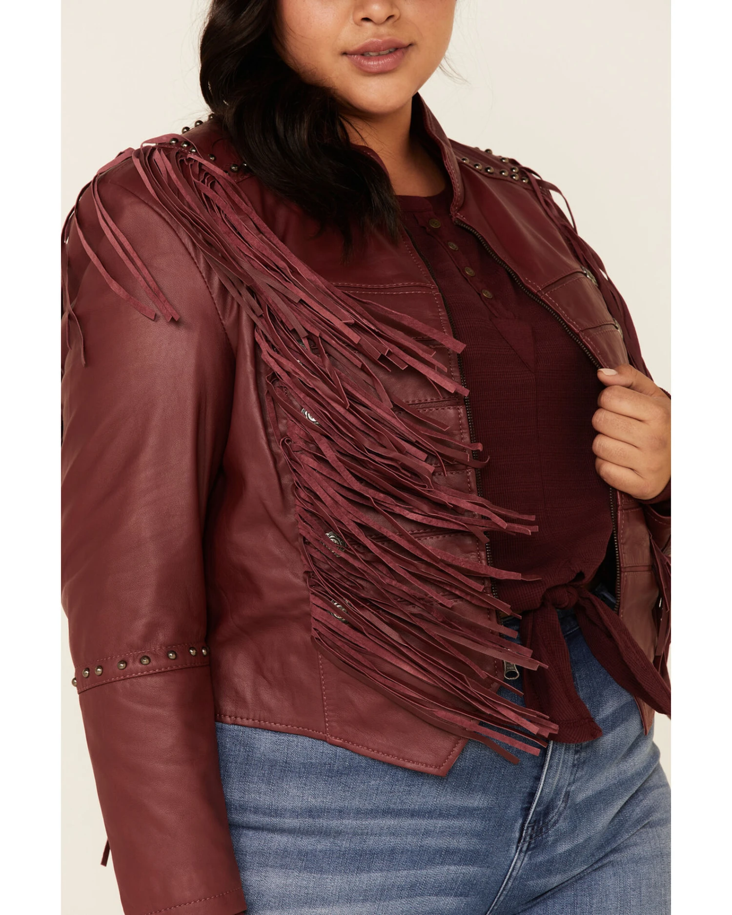 Liberty Wear Women's Burgundy Fringe Sheep Napa Jacket - Plus 4 Liberty Wear Women's Burgundy Fringe Sheep Napa Jacket - Plus - Image 2