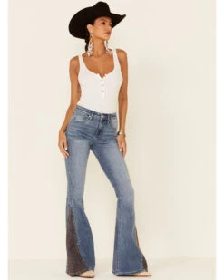 Shyanne Women's Mid Wash Crochet Embroidered Inset High Rise Flare Denim Jeans -Western Cowboy Equipment Store 2000342607 420 P1