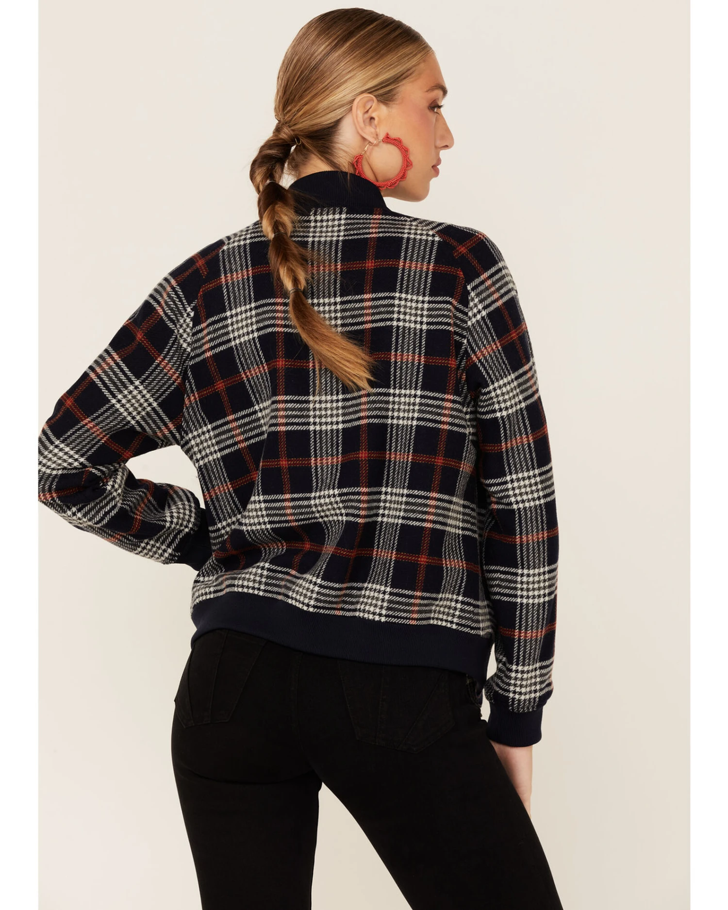 Pendleton Women's Navy & Red Plaid Wool Bomber Jacket 4 Pendleton Women's Navy & Red Plaid Wool Bomber Jacket - Image 2