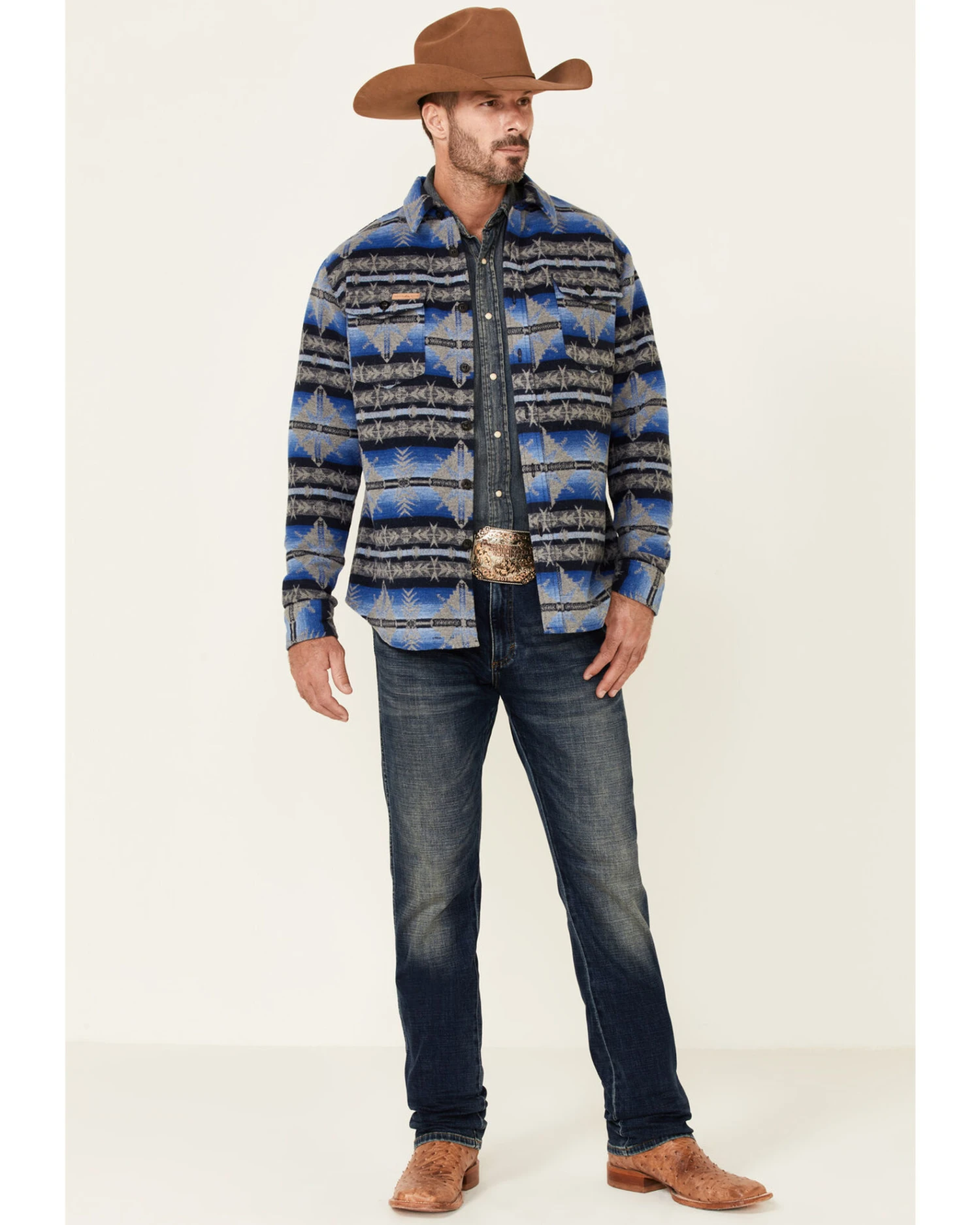Powder River Outfitters Men's Blue Southwestern Print Button-Front Wool Shirt Jacket 3 Powder River Outfitters Men's Blue Southwestern Print Button-Front Wool Shirt Jacket