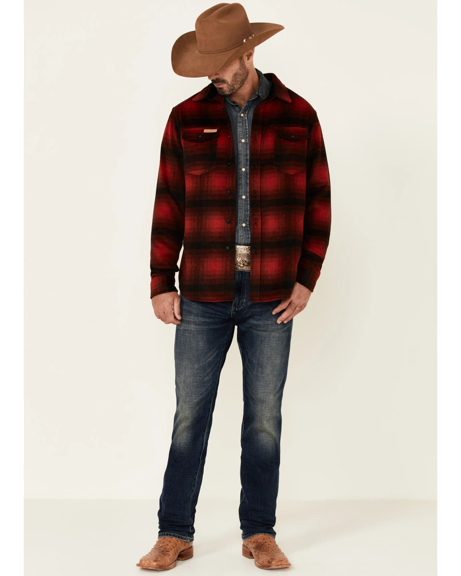 Powder River Outfitters Men's Red Ombre Plaid Wool Button-Front Shirt Jacket 4 Powder River Outfitters Men's Red Ombre Plaid Wool Button-Front Shirt Jacket - Image 2