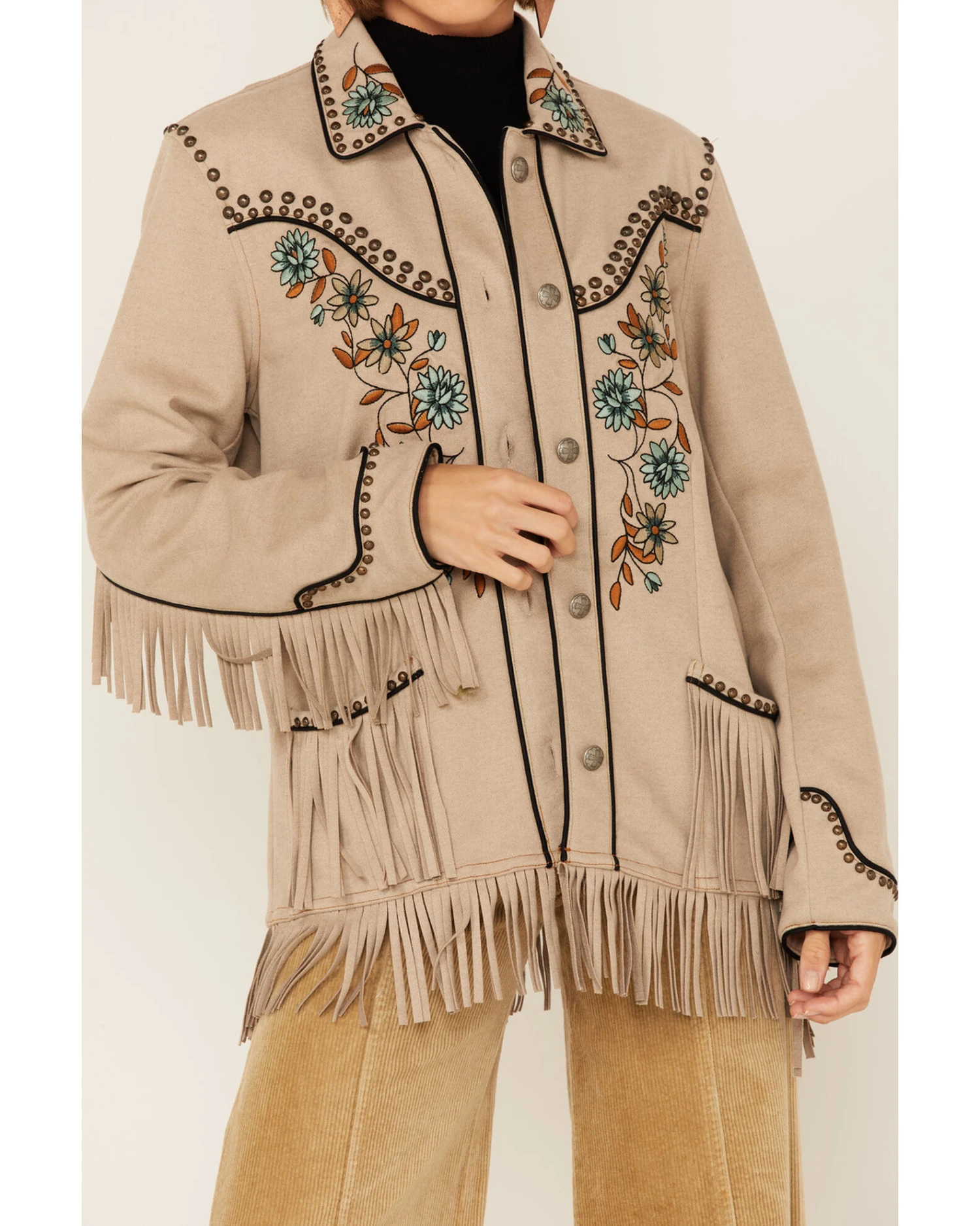 Double D Ranch Women's Floral Embroidered Studded Fringe Jacket 4 Double D Ranch Women's Floral Embroidered Studded Fringe Jacket - Image 2