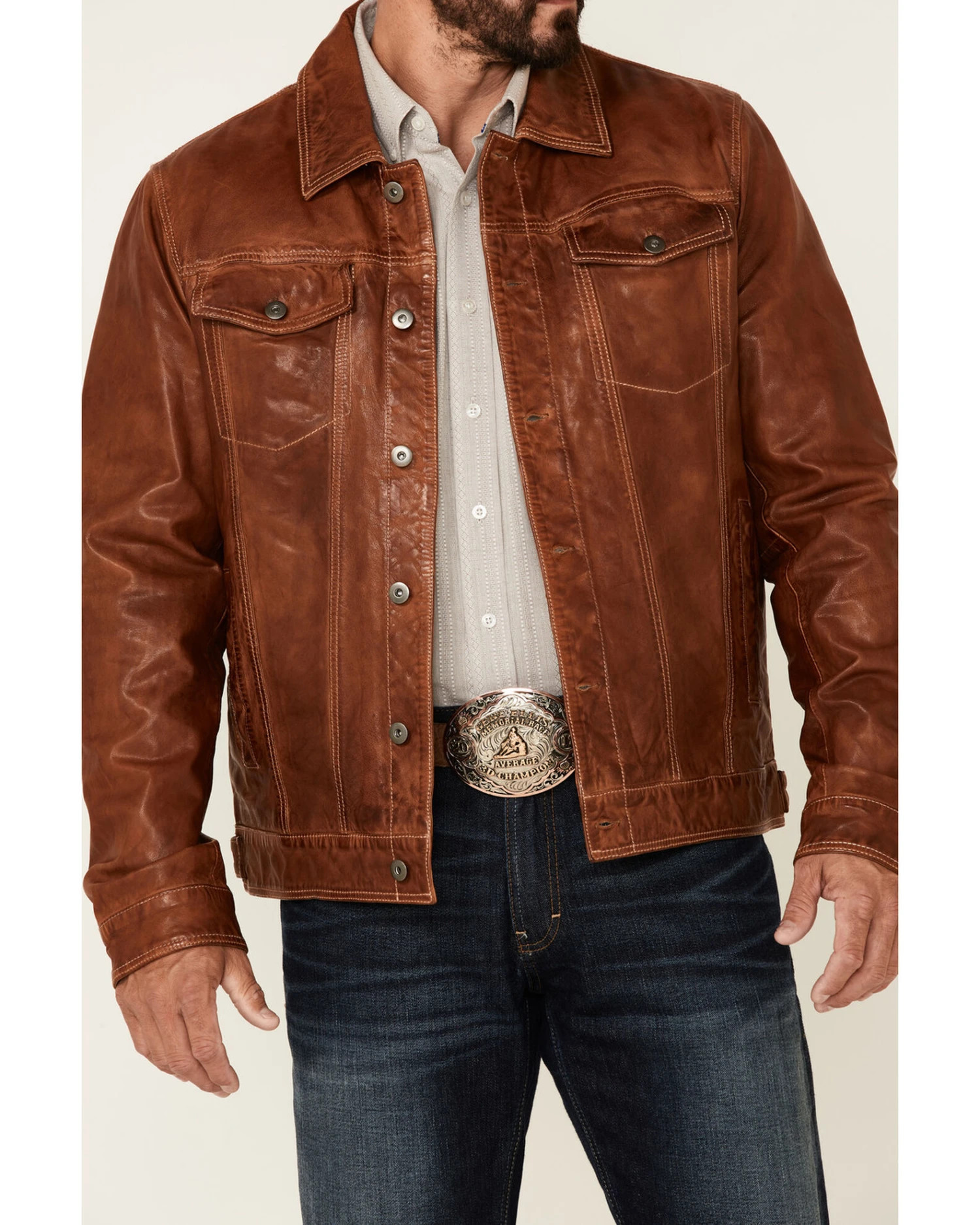 Scully Men's Tan Leather Button-Front Trucker Jacket 4 Scully Men's Tan Leather Button-Front Trucker Jacket - Image 2