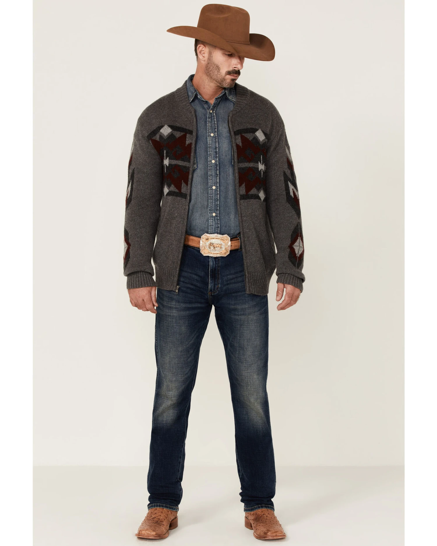 Stetson Men's Gray Southwestern Print Heather Knit Zip-Front Wool Sweater 3 Stetson Men's Gray Southwestern Print Heather Knit Zip-Front Wool Sweater