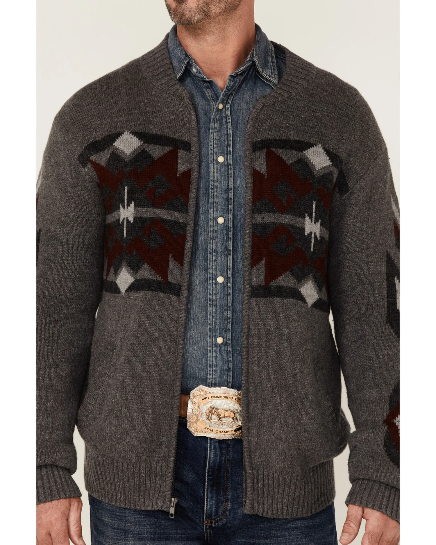 Stetson Men's Gray Southwestern Print Heather Knit Zip-Front Wool Sweater 5 Stetson Men's Gray Southwestern Print Heather Knit Zip-Front Wool Sweater - Image 3