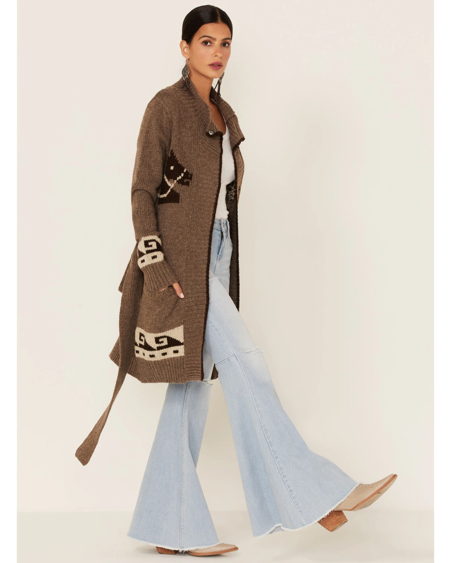 Stetson Women's Horse Motif Belted Knit Wool Blend Cardigan 4 Stetson Women's Horse Motif Belted Knit Wool Blend Cardigan - Image 2