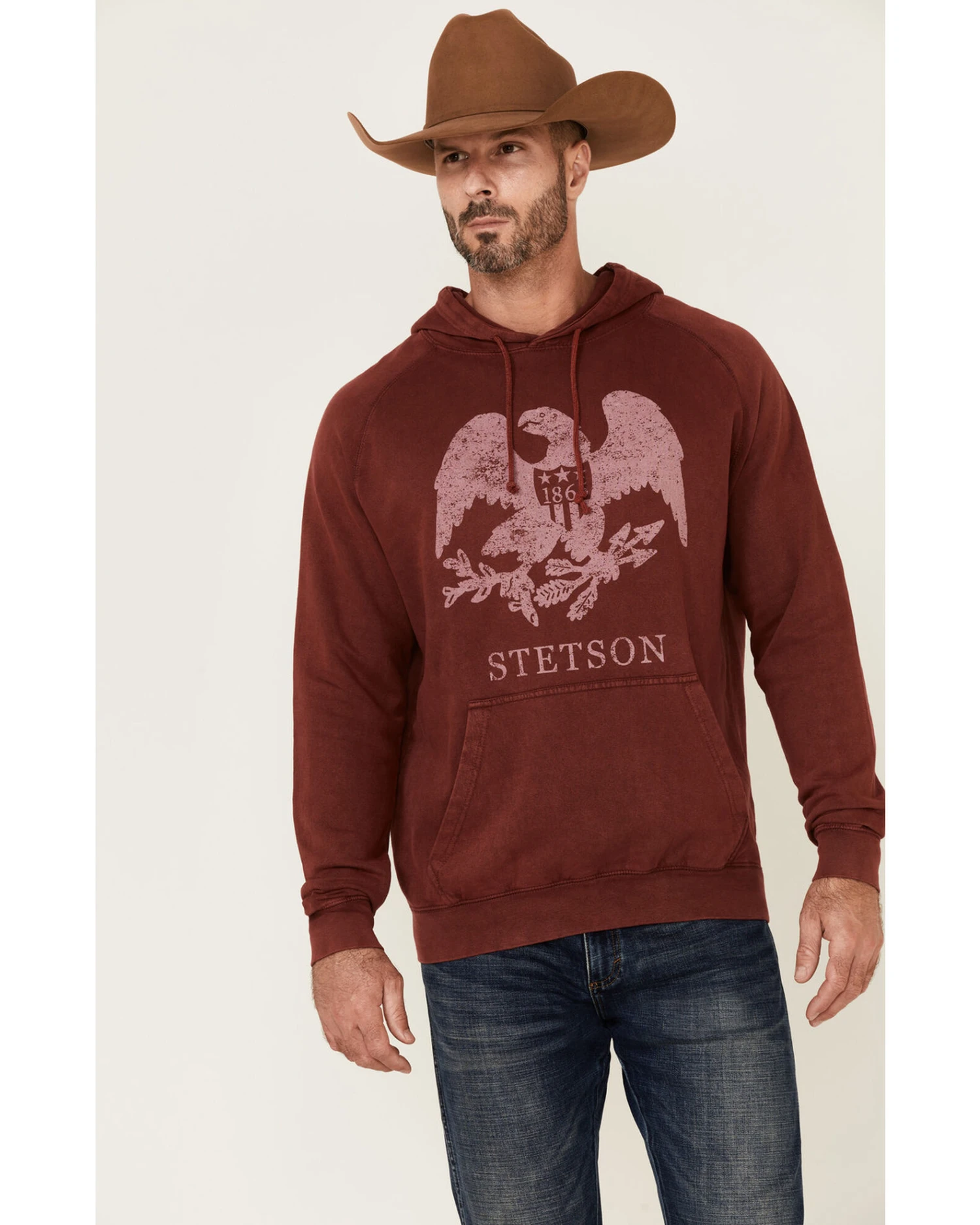 Stetson Men's Red Mineral Wash Distressed Eagle Graphic Hooded Sweatshirt 6 Stetson Men's Red Mineral Wash Distressed Eagle Graphic Hooded Sweatshirt - Image 4