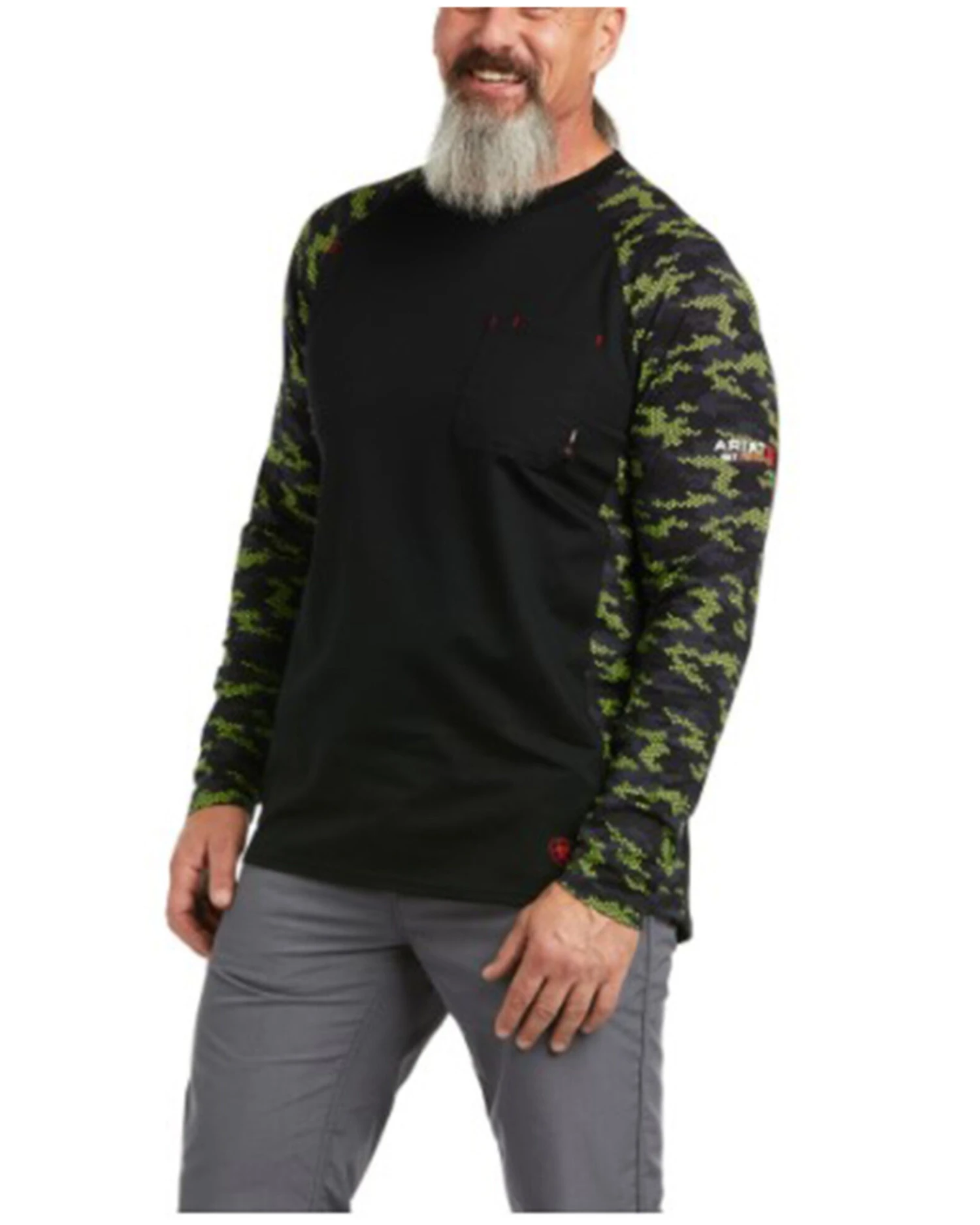 Ariat Men's Black & Lime Camo FR Stretch Long Sleeve Baseball Work T-Shirt 4 Ariat Men's Black & Lime Camo FR Stretch Long Sleeve Baseball Work T-Shirt - Image 2