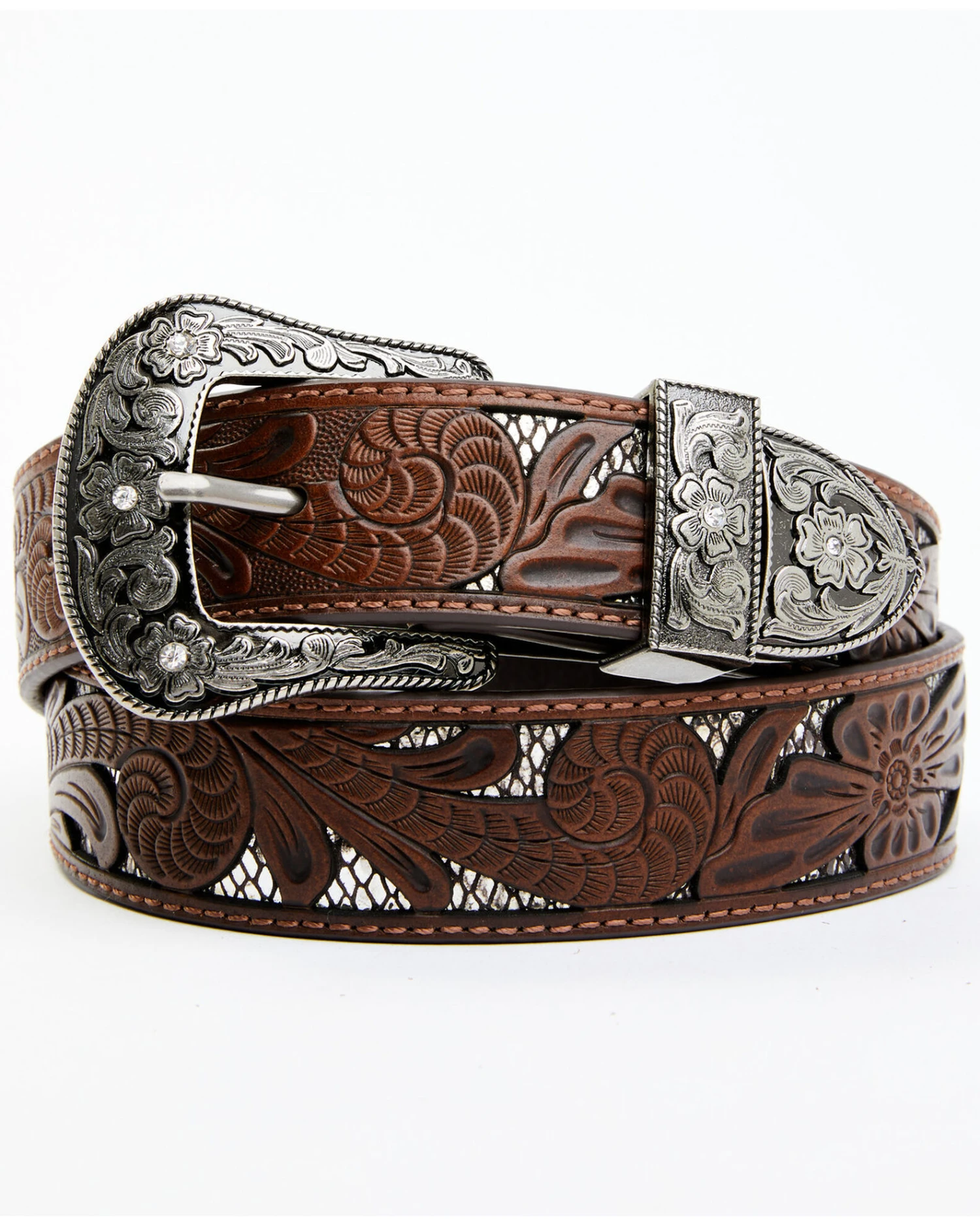 Shyanne Women's Brown Tooled Floral Cut Out Underlay Western Belt 3 Shyanne Women's Brown Tooled Floral Cut Out Underlay Western Belt