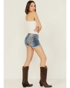 Miss Me Women's Embellished Medium Wash Mid Rise Shorts 7 Miss Me Women's Embellished Medium Wash Mid Rise Shorts -Western Cowboy Equipment Store 2000361059 400 P1