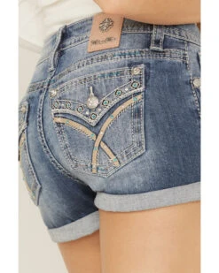 Miss Me Women's Embellished Medium Wash Mid Rise Shorts 9 Miss Me Women's Embellished Medium Wash Mid Rise Shorts -Western Cowboy Equipment Store 2000361059 400 P2
