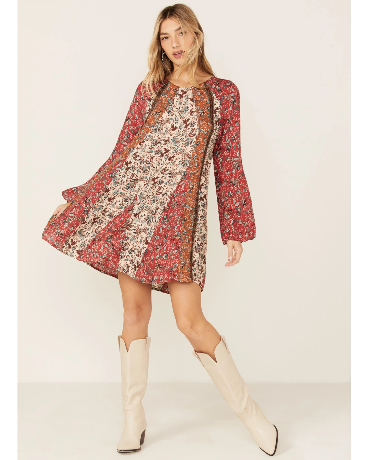 Lovestitch Women's Red & Natural Bell Sleeve Tie Back Mini Dress 6 Lovestitch Women's Red & Natural Bell Sleeve Tie Back Mini Dress - Image 4