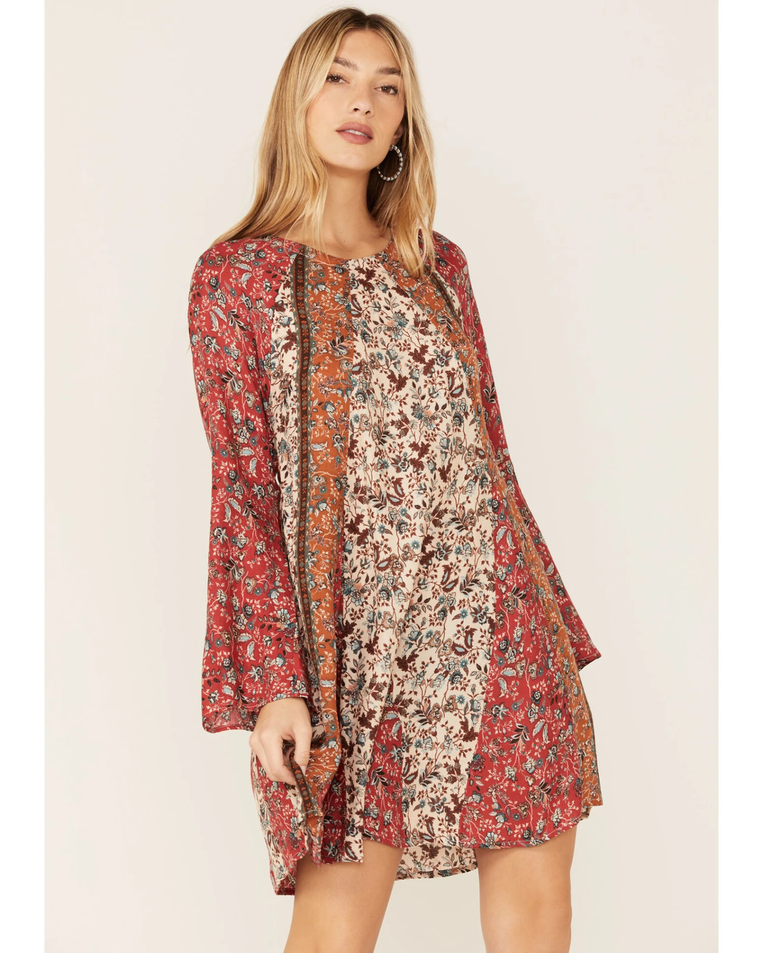 Lovestitch Women's Red & Natural Bell Sleeve Tie Back Mini Dress 3 Lovestitch Women's Red & Natural Bell Sleeve Tie Back Mini Dress