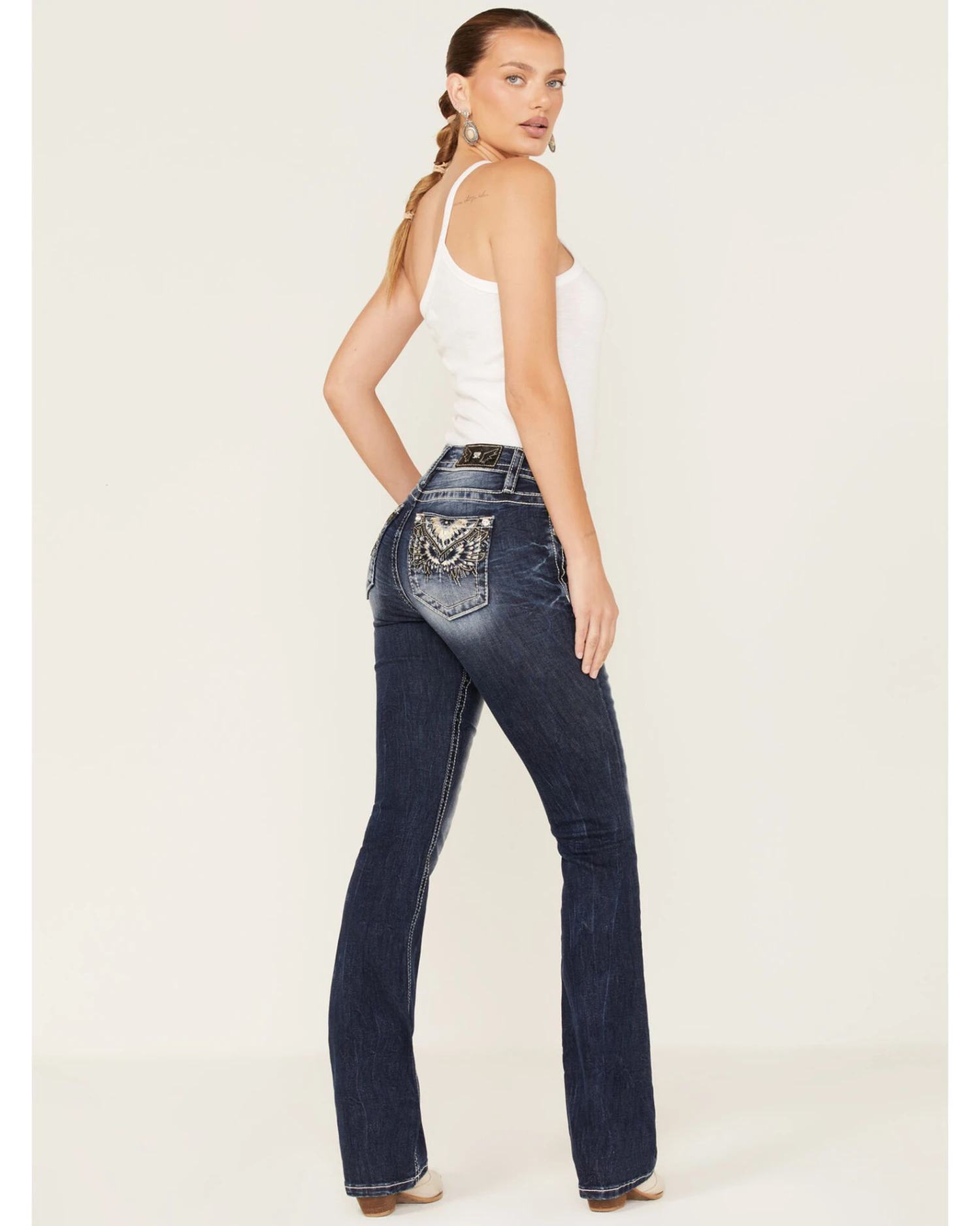 Miss Me Women's Medium Wash Stretch Mid Rise Embroidered Wing Bootcut Jeans 5 Miss Me Women's Medium Wash Stretch Mid Rise Embroidered Wing Bootcut Jeans - Image 3