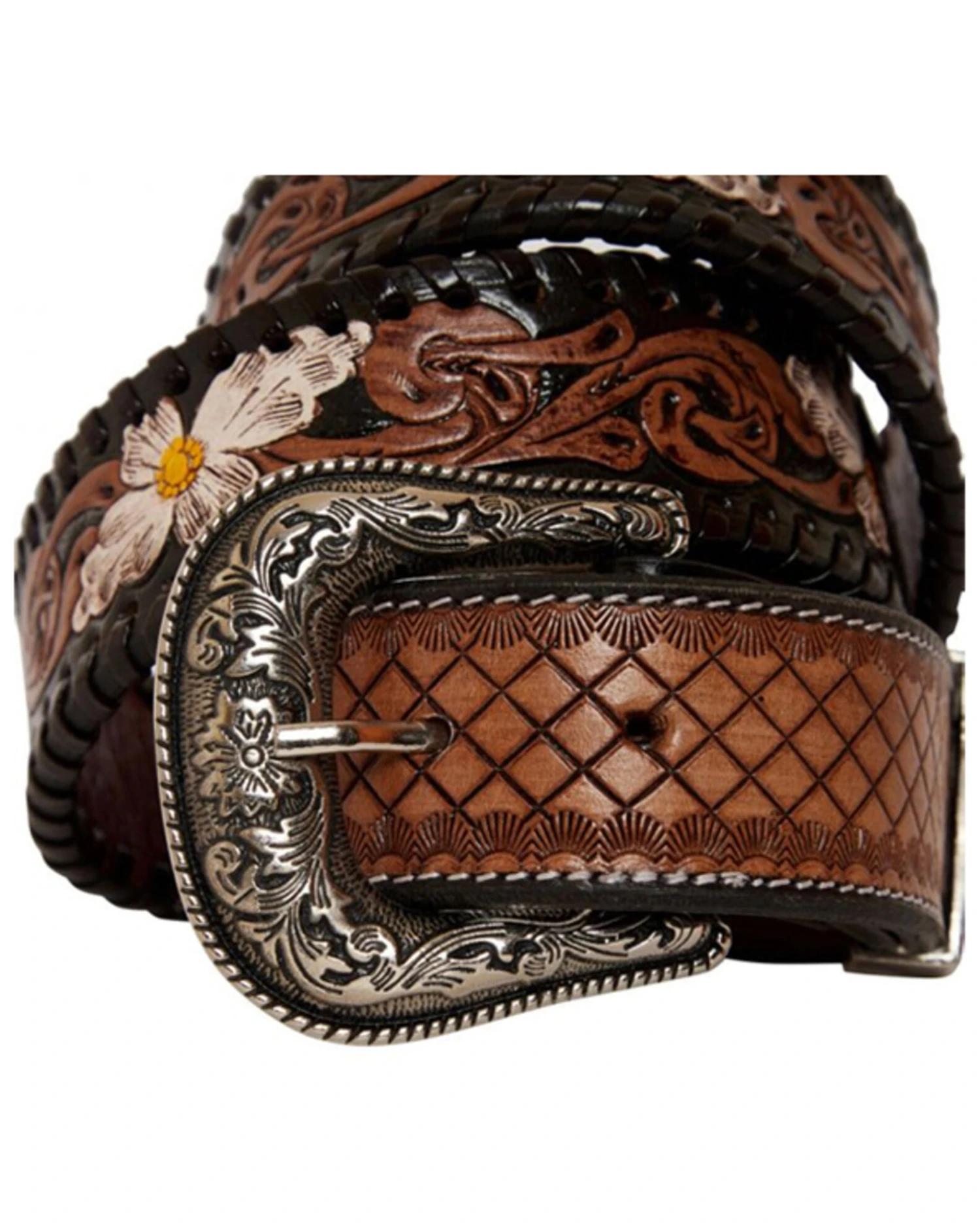 Myra Bag Women's Checkered Brown Hand Tooled Leather Belt 5 Myra Bag Women's Checkered Brown Hand Tooled Leather Belt - Image 3