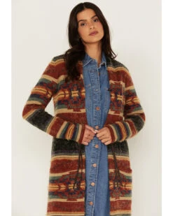 Cruel Girl Women's Southwestern Print Stripe Shag Duster Cardigan Sweater