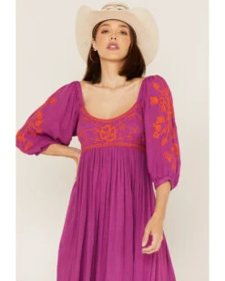 Free People Women's Wedgewood Embroidered Long Puff Sleeve Midi Dress -Western Cowboy Equipment Store 2000374749 555 P2