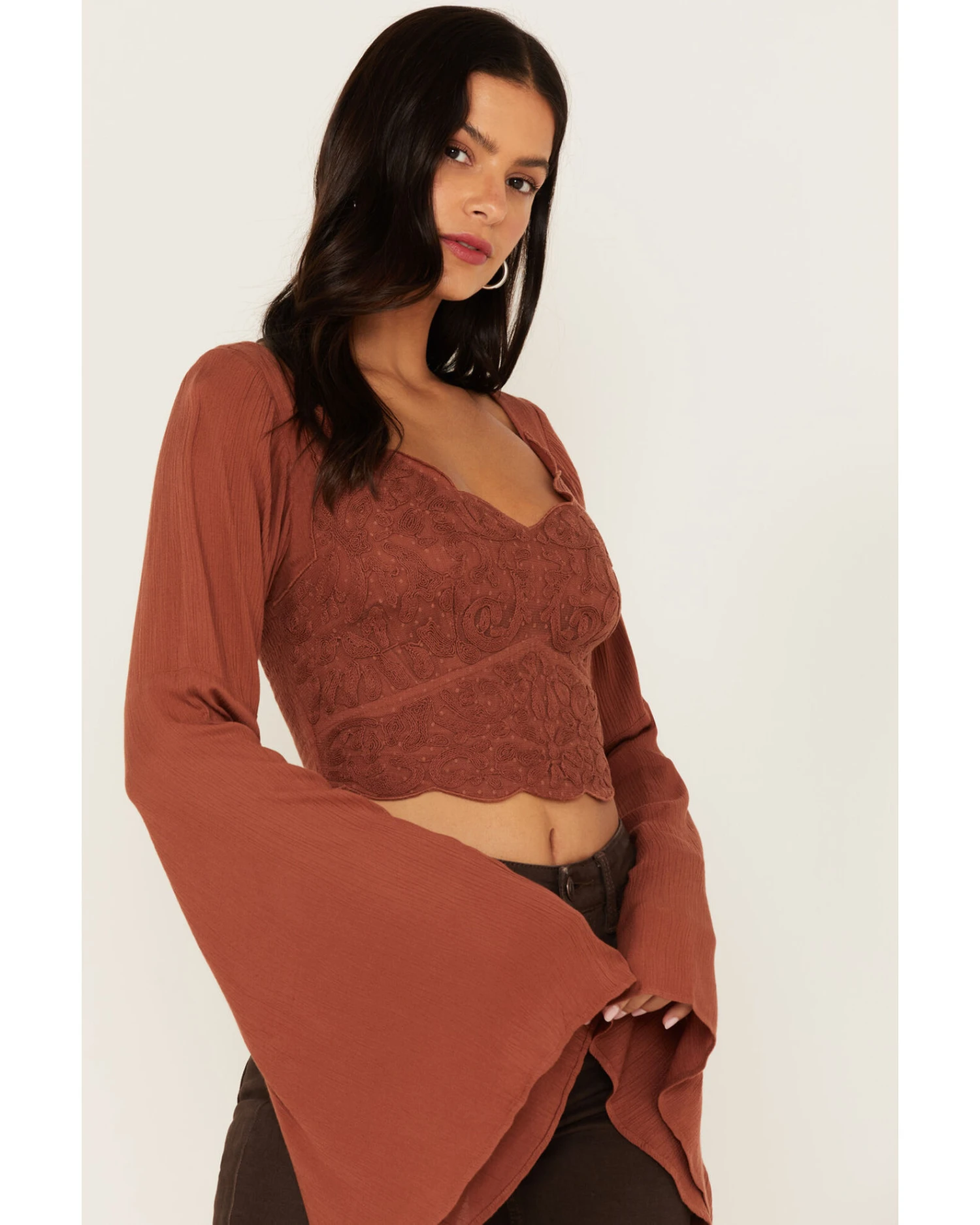 Shyanne Women's Embroidered Mesh Dot Poet Sleeve Crop Top 6 Shyanne Women's Embroidered Mesh Dot Poet Sleeve Crop Top - Image 4