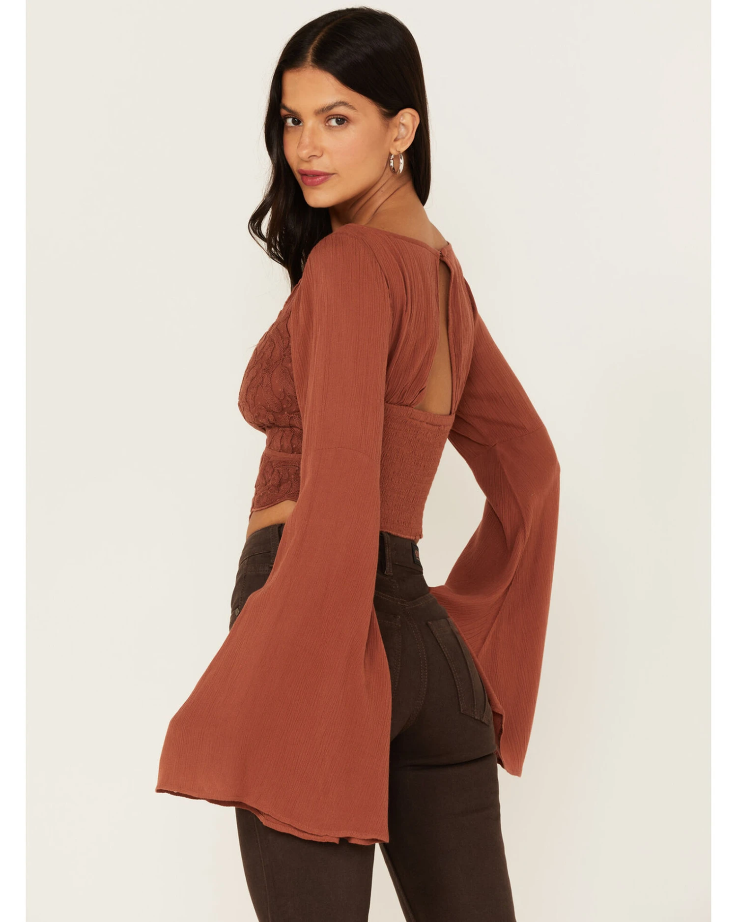 Shyanne Women's Embroidered Mesh Dot Poet Sleeve Crop Top 4 Shyanne Women's Embroidered Mesh Dot Poet Sleeve Crop Top - Image 2