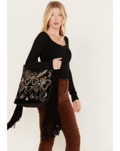 Shyanne Women's Velvet Embroidered Beaded & Fringe Tote Handbag 7 Shyanne Women's Velvet Embroidered Beaded & Fringe Tote Handbag -Western Cowboy Equipment Store 2000381106 001 P1