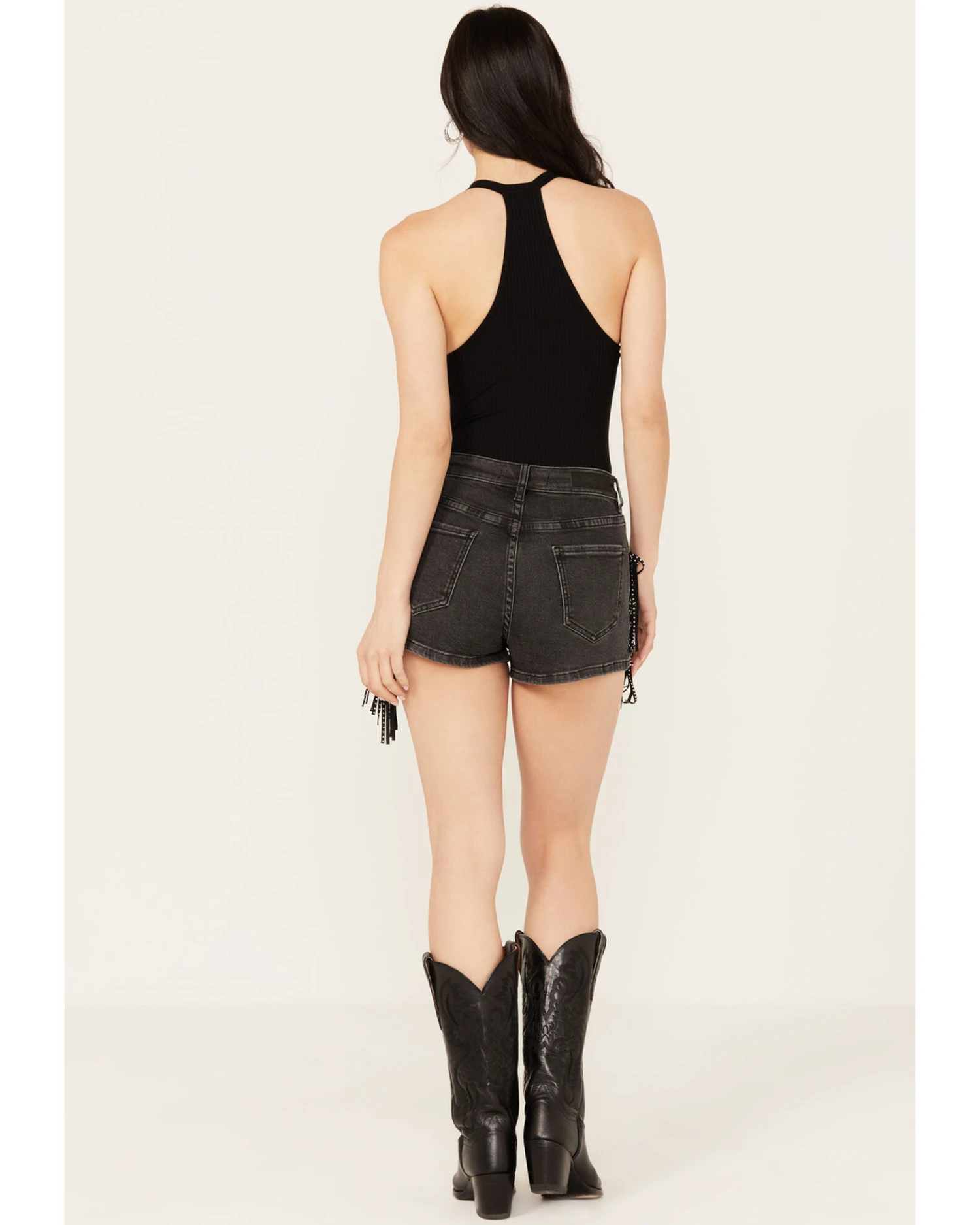 Rock & Roll Denim Women's Mid Rise Ex Stretch Studded Fringe Denim Shorts 4 Rock & Roll Denim Women's Mid Rise Ex Stretch Studded Fringe Denim Shorts - Image 2