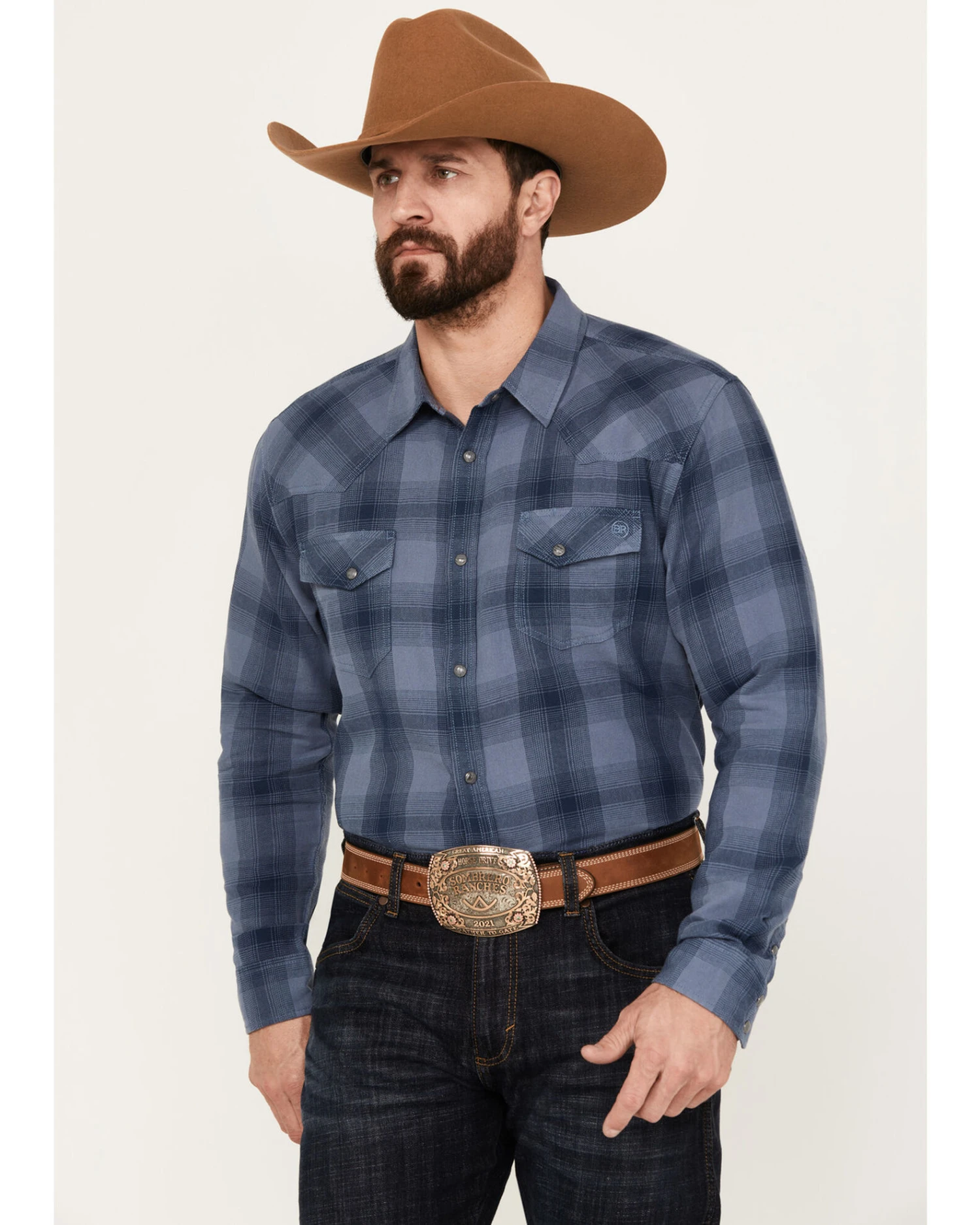 Blue Ranchwear Men's Lander Plaid Print Long Sleeve Western Snap Shirt 5 Blue Ranchwear Men's Lander Plaid Print Long Sleeve Western Snap Shirt - Image 3