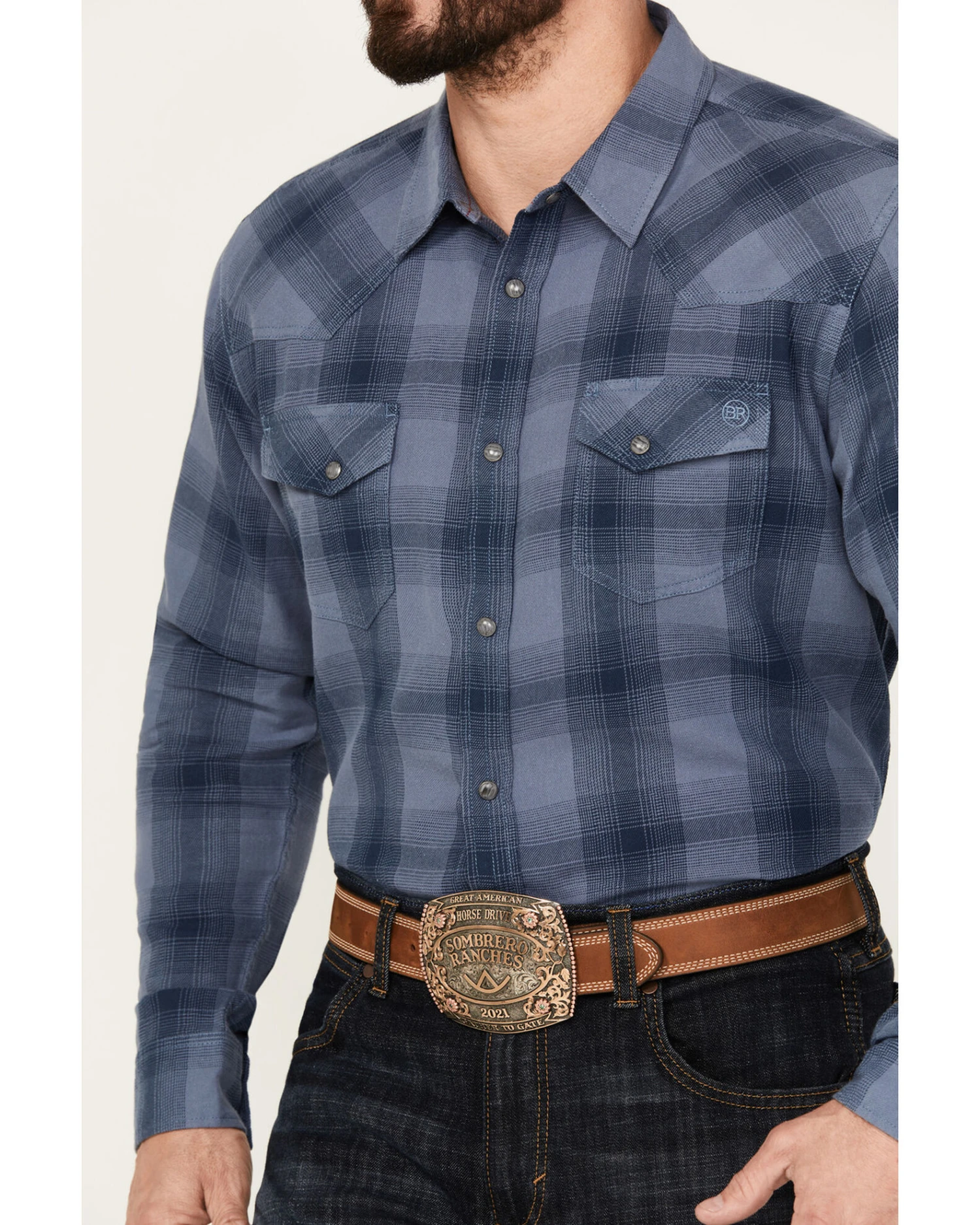 Blue Ranchwear Men's Lander Plaid Print Long Sleeve Western Snap Shirt 4 Blue Ranchwear Men's Lander Plaid Print Long Sleeve Western Snap Shirt - Image 2