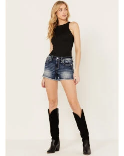 Miss Me Women's Medium Wash Mid Rise Floral Frayed Denim Shorts -Western Cowboy Equipment Store 2000387019 414 P3