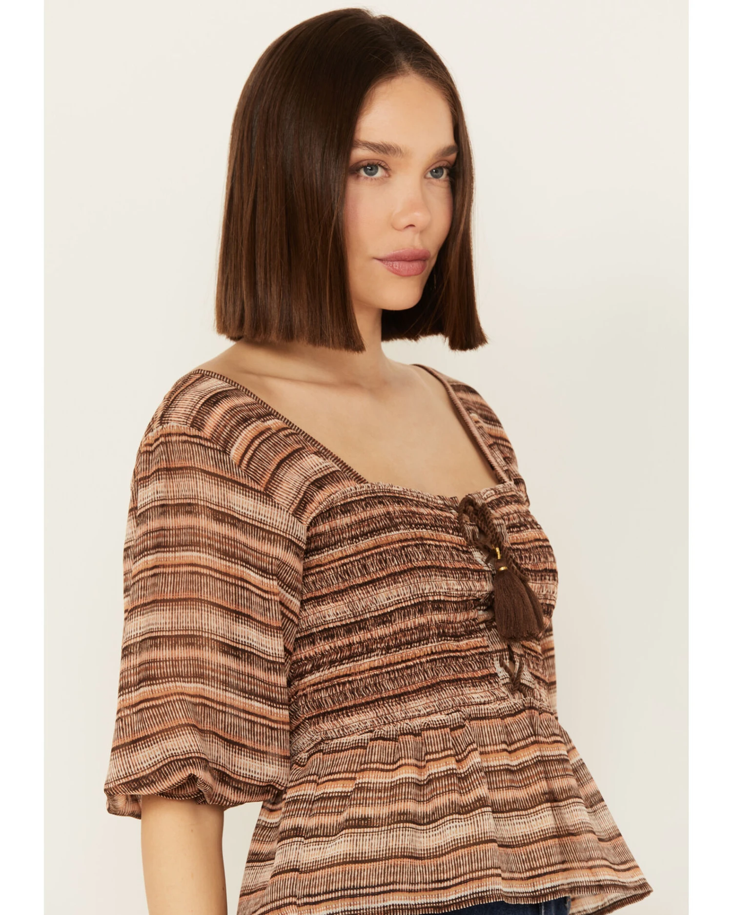 Shyanne Women's Smocked Lace-Up Print Top 3 Shyanne Women's Smocked Lace-Up Print Top