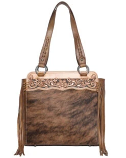 Montana West Women's Brown Floral Tooled Hair-On Leather Concealed Carry Tote Bag