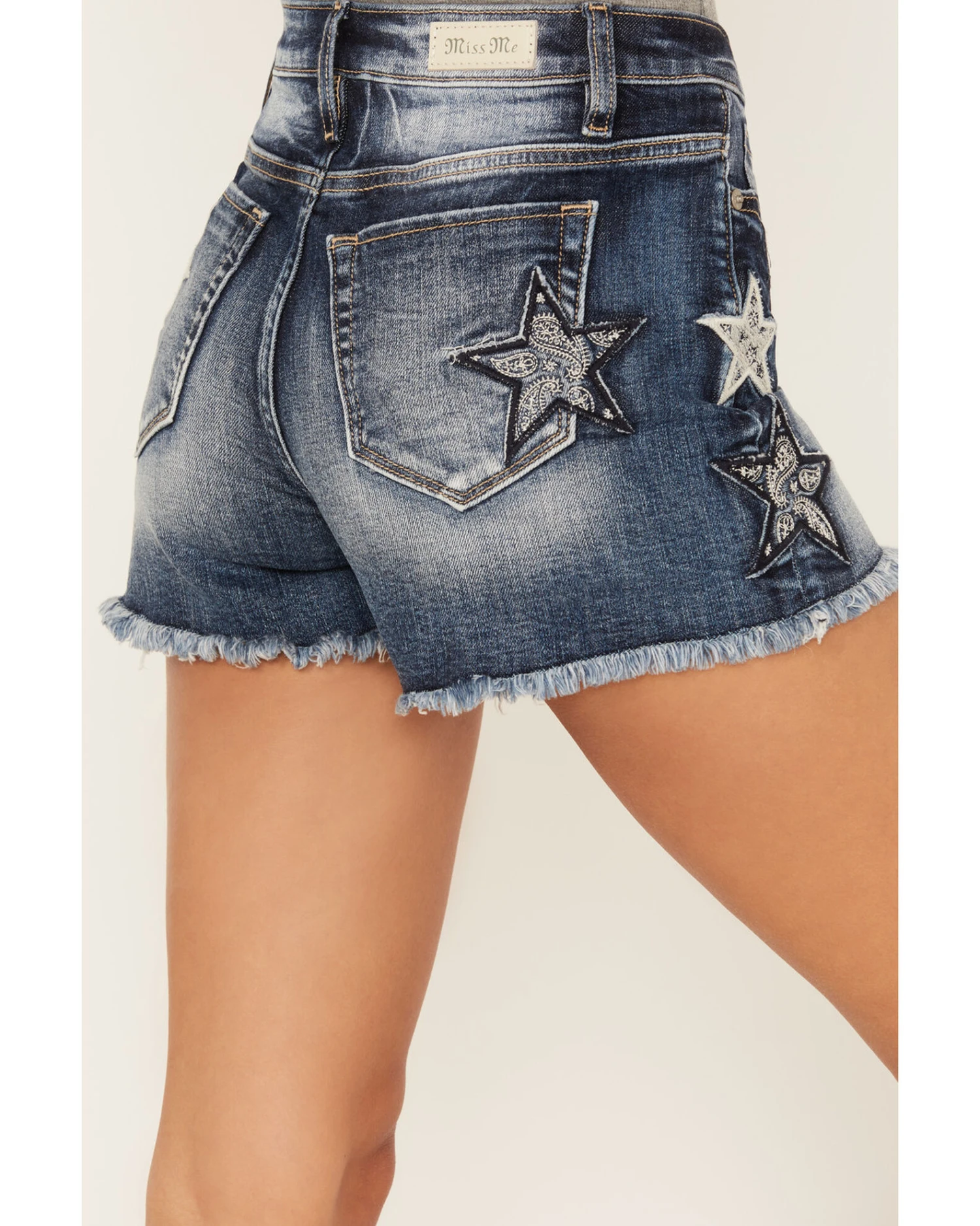 Miss Me Women's Dark Wash High Rise Star Paisley Patch Print Frayed Shorts 3 Miss Me Women's Dark Wash High Rise Star Paisley Patch Print Frayed Shorts