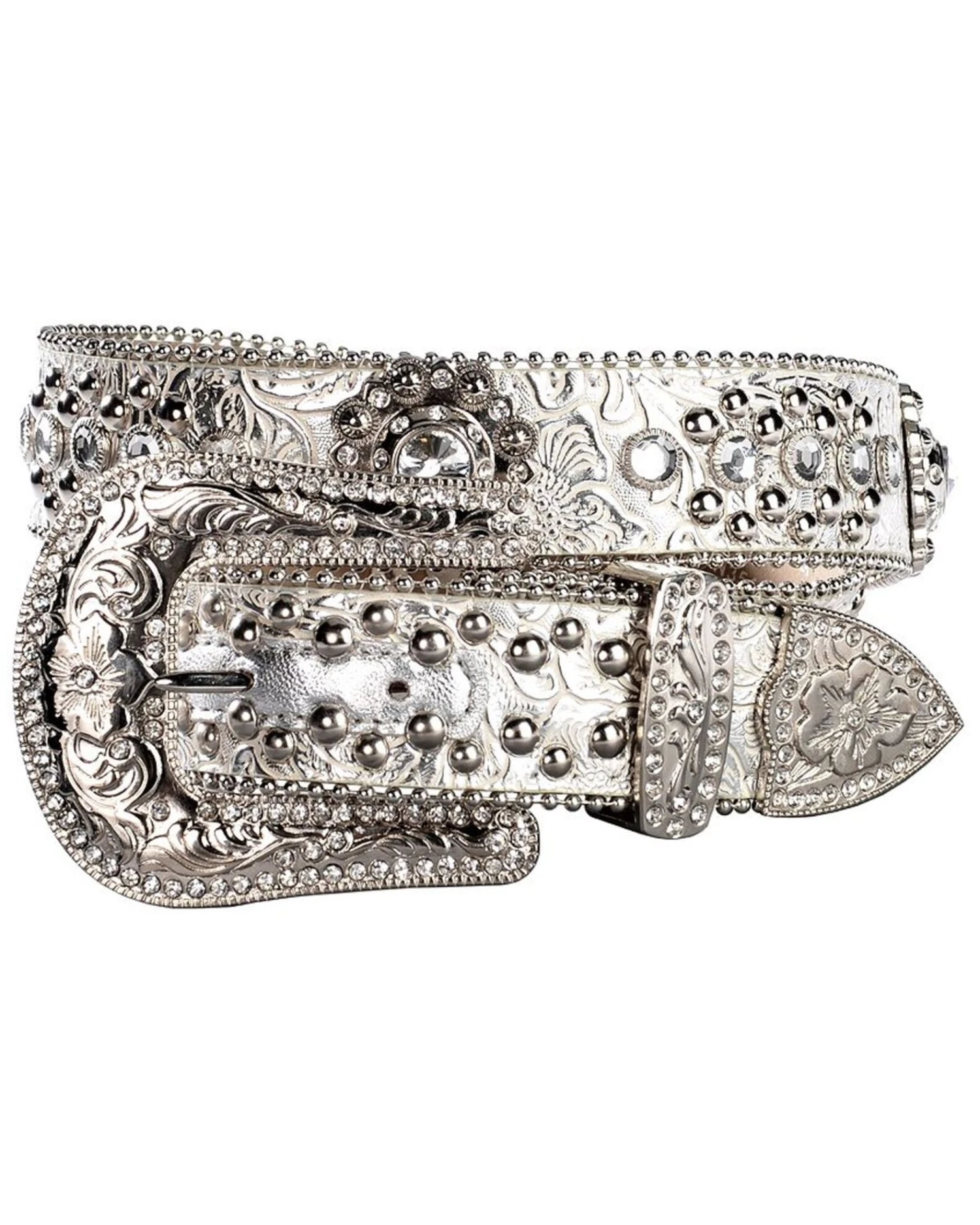 Blazin Roxx Floral Concho & Crystal Metallic Silver Leather Belt 4 Blazin Roxx Floral Concho & Crystal Metallic Silver Leather Belt - Image 2